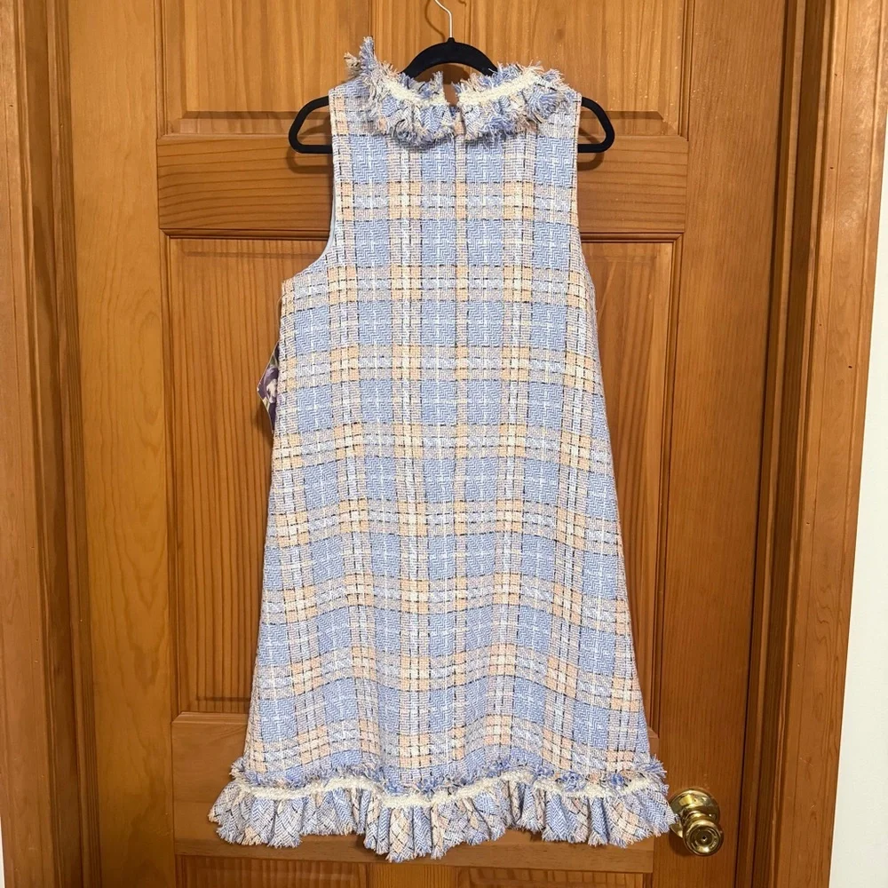 Blueberi Boulevard Boucle Blue and Cream Plaid Tweed Sleeveless Dress 16
